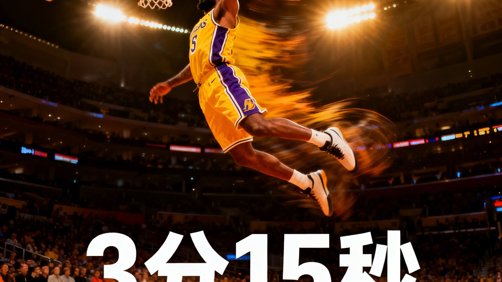 NBA比赛精彩集锦缩略图，一名球员完成高难度扣篮的空中姿态定格，球场灯光照亮飞扬的球衣，底部标注时长3分15秒
